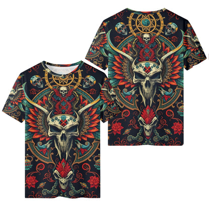 Flourish of Rebellion Organic Cotton T-Shirt Limited Edition unisex tee ornate winged skull and red floral print