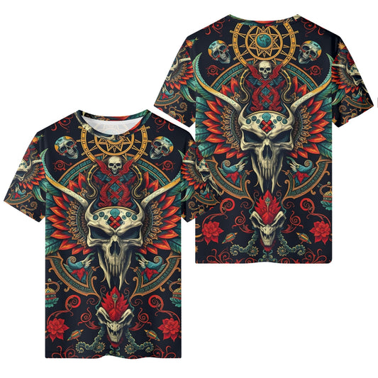 Flourish of Rebellion Organic Cotton T-Shirt Limited Edition unisex tee ornate winged skull and red floral print