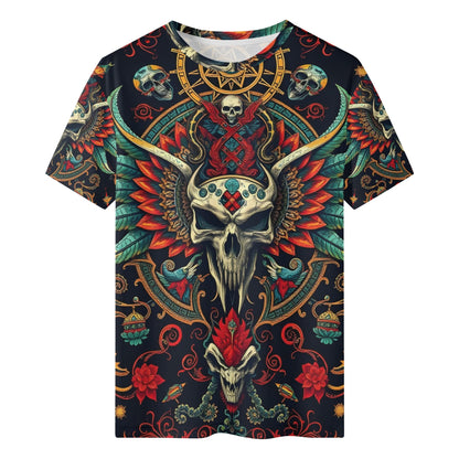 Unisex black tee with winged skull and floral mandala art Flourish of Rebellion Organic Cotton T-Shirt Limited Edition