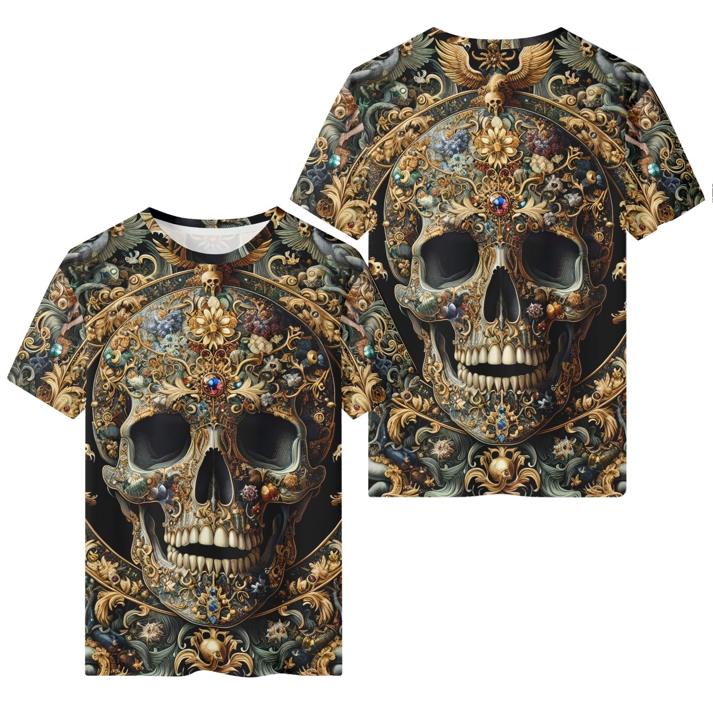 Forbidden Luxury 100 Cotton T-Shirt by Loud and Lethal with detailed ornate skull design in gold and jewel tones