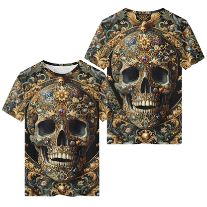 Forbidden Luxury 100 Cotton T-Shirt by Loud and Lethal with detailed ornate skull design in gold and jewel tones