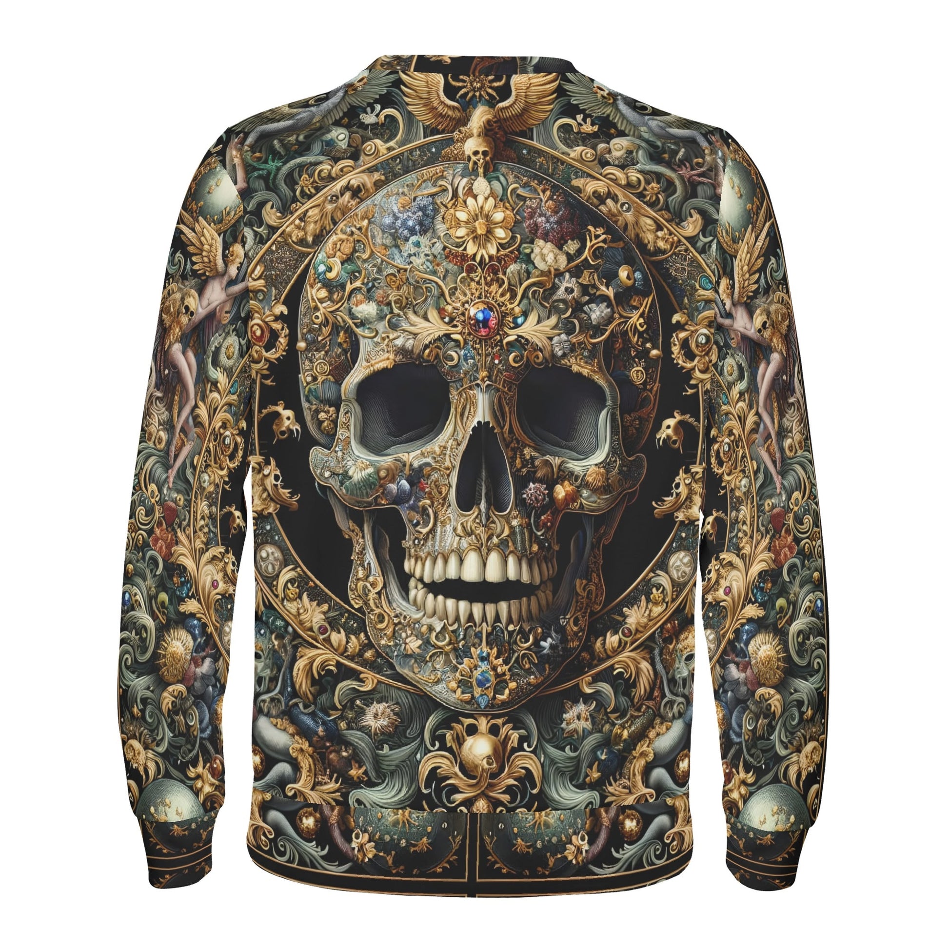 Unisex Forbidden Luxury Poly French Terry Sweatshirt by Loud and Lethal with intricate ornate skull and floral design