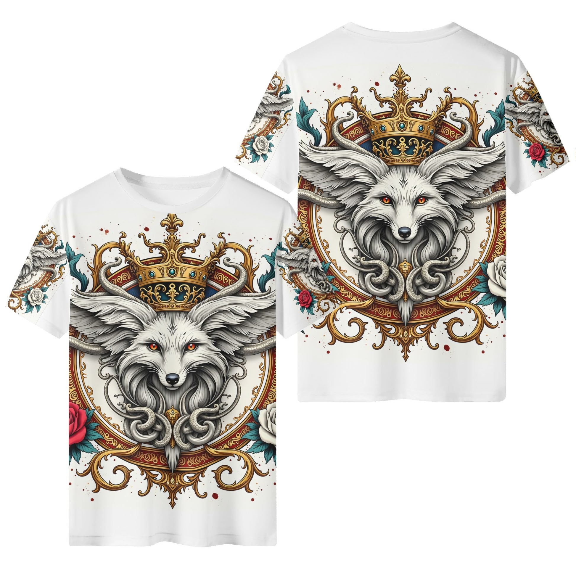 Loud and Lethal Foxs Reign Lycra T-Shirt Limited Edition white unisex tee with crowned fox crest and ornate floral design