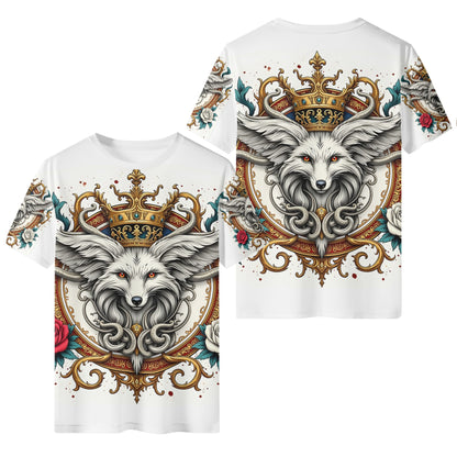 Loud and Lethal Foxs Reign Lycra T-Shirt Limited Edition white unisex tee with crowned fox crest and ornate floral design