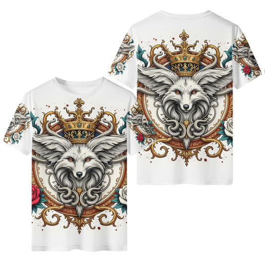 Loud and Lethal Foxs Reign Lycra T-Shirt Limited Edition white unisex tee with crowned fox crest and ornate floral design