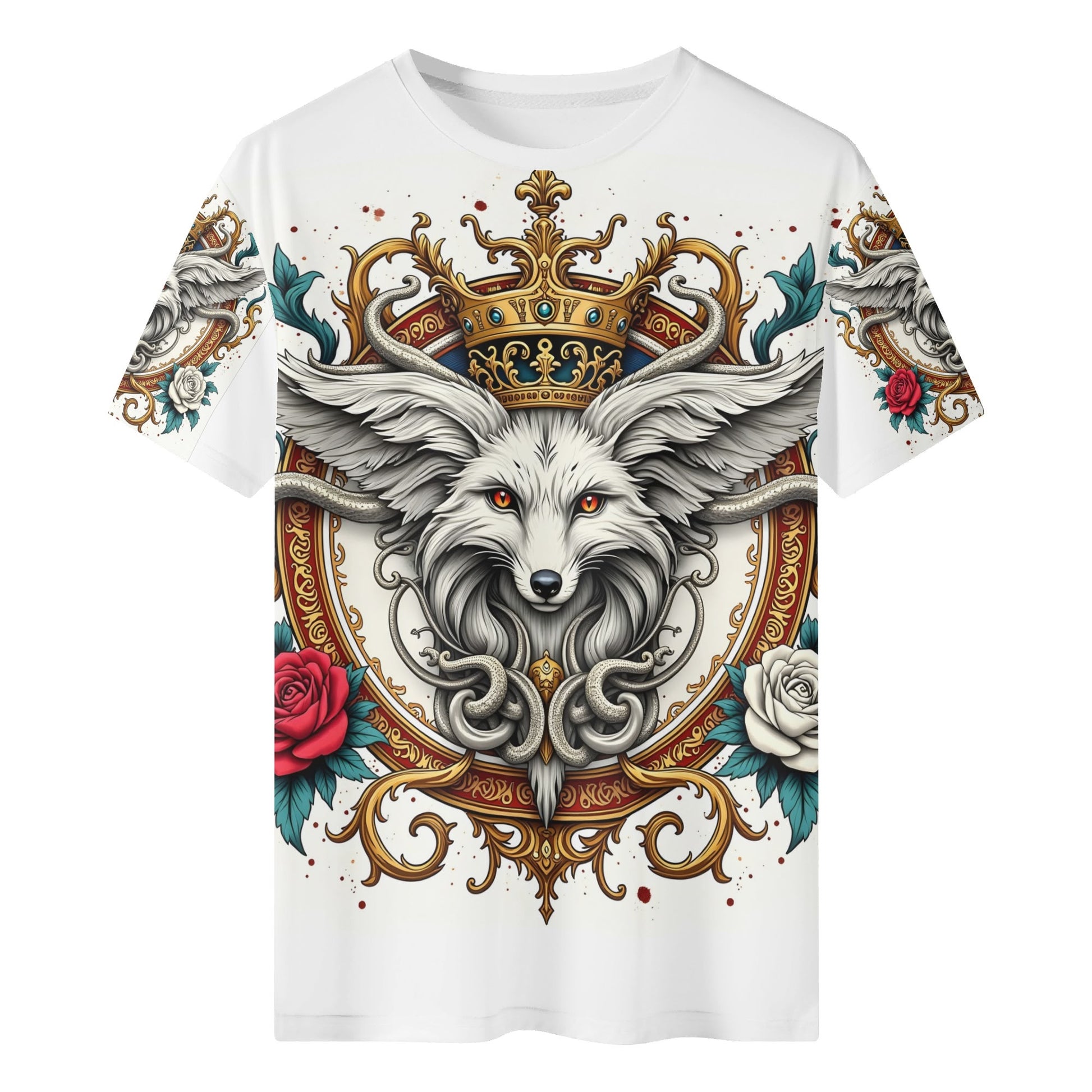 Foxs Reign Lycra T-Shirt Limited Edition white unisex tee with crowned fox face ornate gold frame and red and white roses