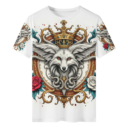 Foxs Reign Lycra T-Shirt Limited Edition white unisex tee with crowned fox face ornate gold frame and red and white roses