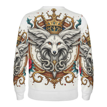 Back of unisex sweatshirt with crowned fox medallion, gold filigree and roses Foxs Reign Limited Edition Cotton Terry Sweatshirt