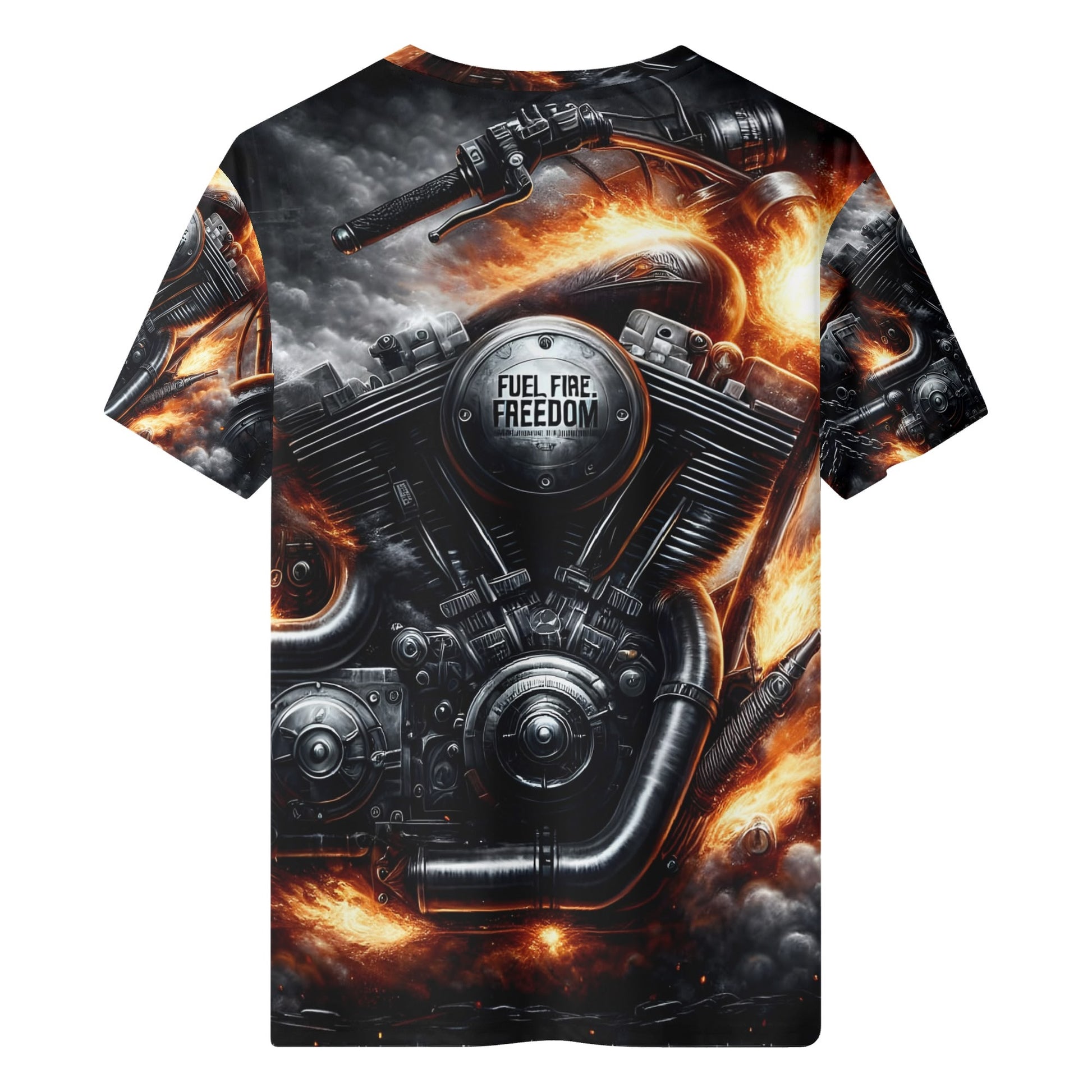 Loud and Lethal Fuel Fire Freedom 100 Cotton T-Shirt with fiery motorcycle engine graphic on back