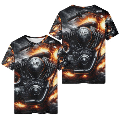 Loud and Lethal Fuel Fire Freedom 100 Cotton T-Shirt with fiery motorcycle engine graphic unisex