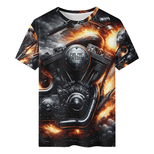 Loud and Lethal Fuel Fire Freedom 100 Cotton T-Shirt with fiery motorcycle engine design unisex