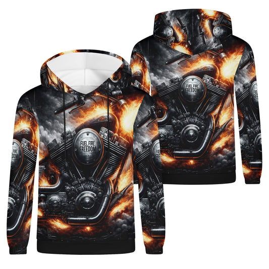 Fuel Fire Freedom Cotton Terry hoodie unisex with fiery motorcycle engine design by Loud and Lethal