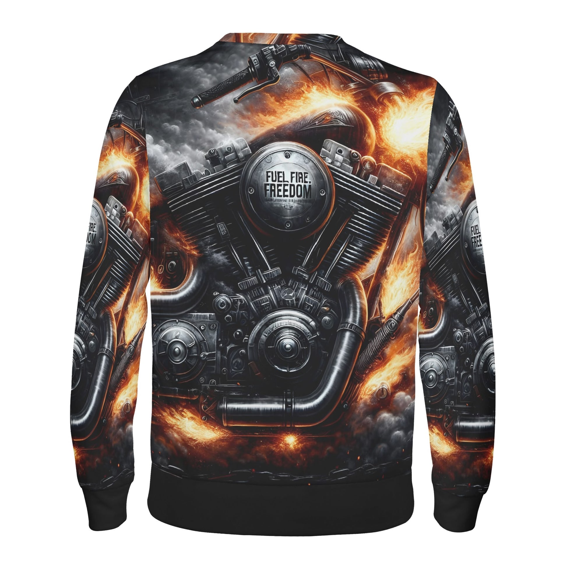 Loud and Lethal unisex sweater with fiery motorcycle engine graphic on back Fuel Fire Freedom Poly French Terry Sweatshirt .