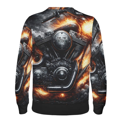 Loud and Lethal unisex sweater with fiery motorcycle engine graphic on back Fuel Fire Freedom Poly French Terry Sweatshirt .
