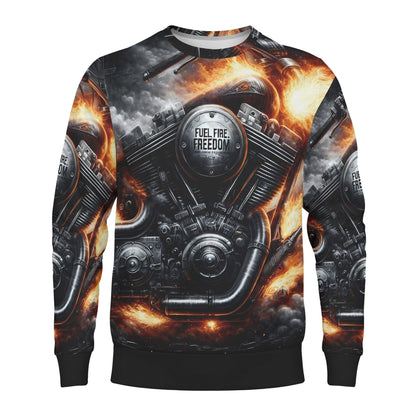 Loud and Lethal unisex sweater with flaming motorcycle engine print Fuel Fire Freedom Poly French Terry Sweatshirt .