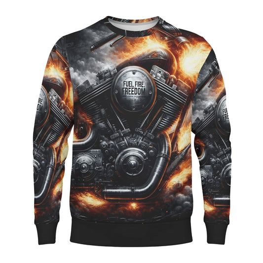 Loud and Lethal unisex sweater with flaming motorcycle engine print Fuel Fire Freedom Poly French Terry Sweatshirt .