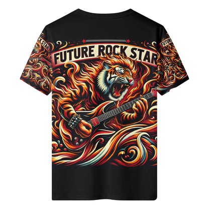 Fury & Fire Organic Cotton Kids T-Shirt by Loud and Lethal with fiery tiger playing electric guitar design