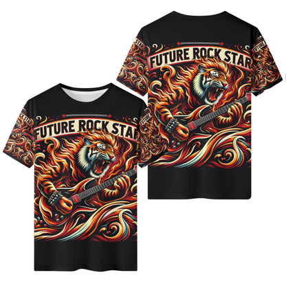 Fury & Fire Organic Cotton Kids T-Shirt by Loud and Lethal with fiery tiger playing guitar and Future Rock Star design
