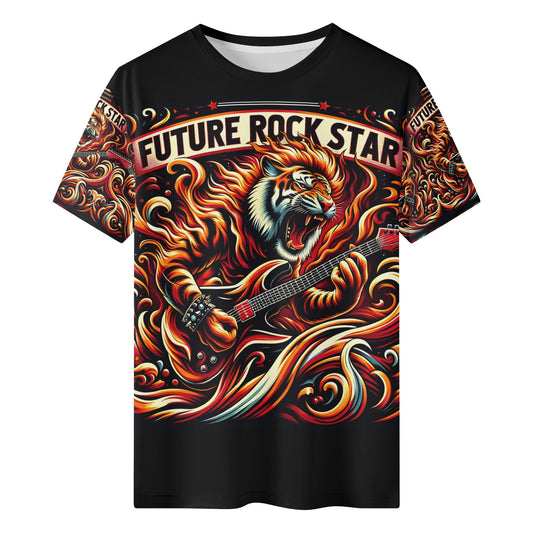 Fury & Fire Organic Cotton Kids T-Shirt with roaring tiger playing guitar and Future Rock Star design