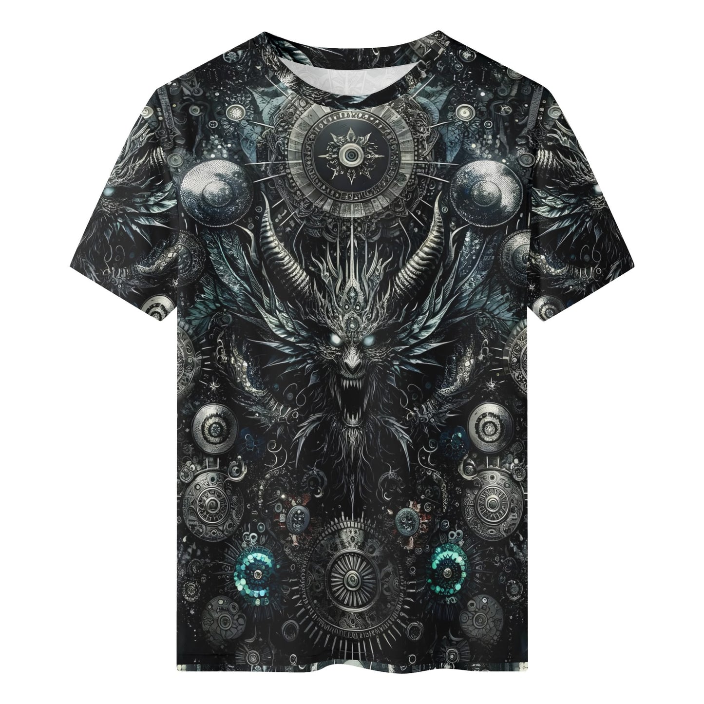 Gears of the Abyss 100 Cotton T-Shirt featuring dark gothic mechanical design with demonic creature and intricate gears