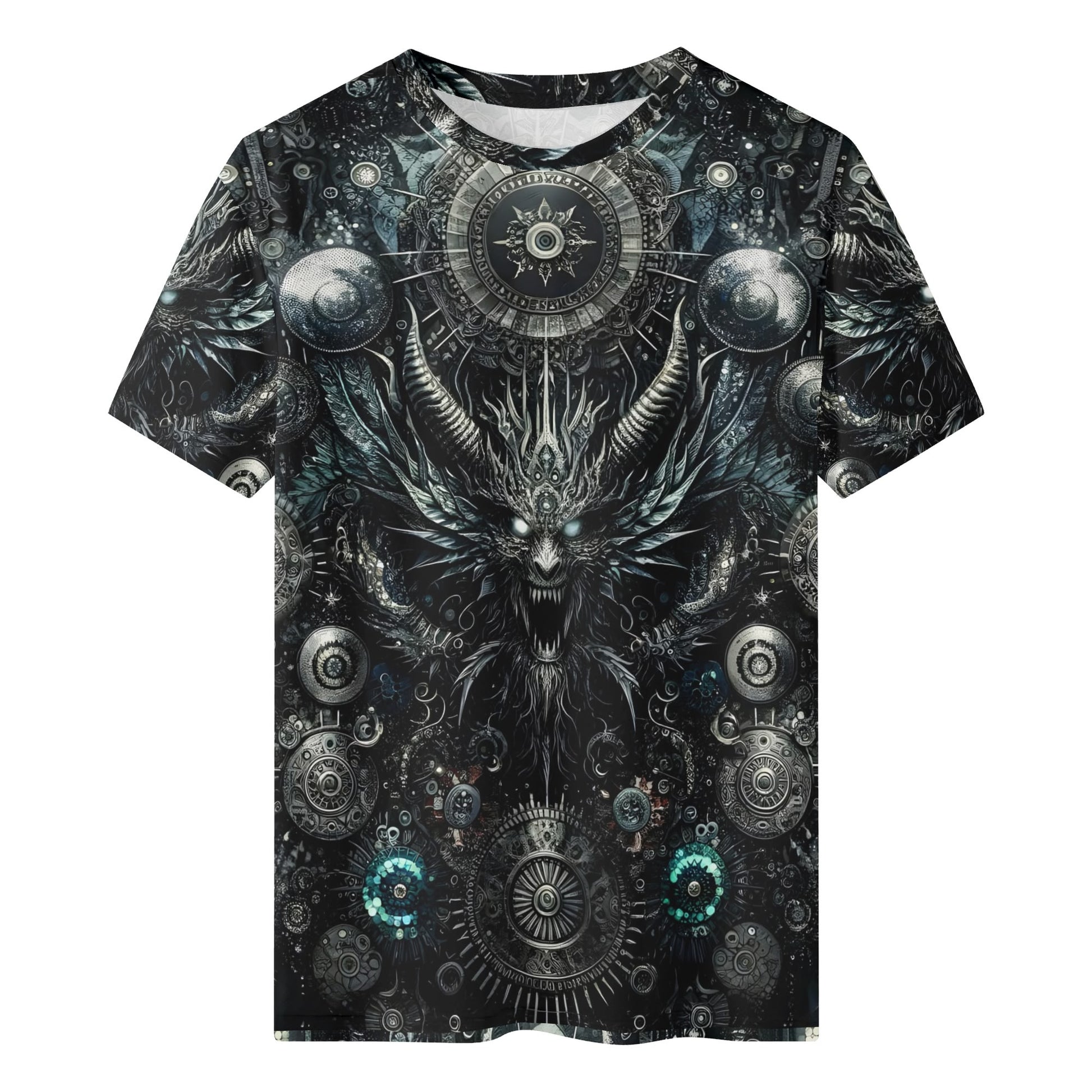 Gears of the Abyss 100 Cotton T-Shirt featuring dark gothic mechanical design with demonic creature and intricate gears