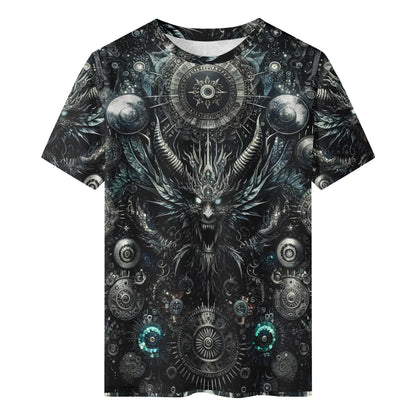 Gears of the Abyss 100 Cotton T-Shirt featuring dark gothic mechanical design with demonic creature and intricate gears