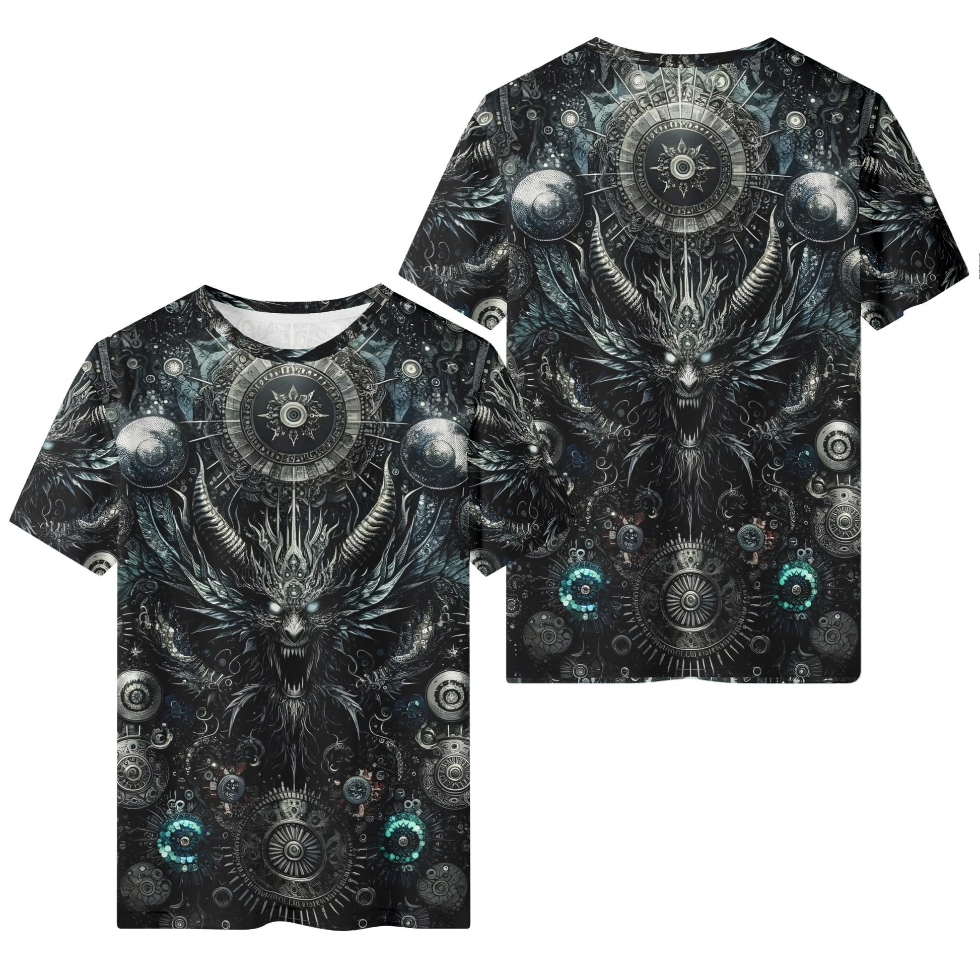 Gears of the Abyss 100 Cotton T-Shirt unisex with dark mechanical and demonic gear design