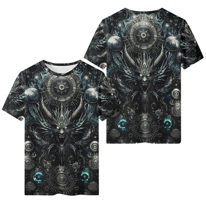 Gears of the Abyss 100 Cotton T-Shirt unisex with dark mechanical and demonic gear design