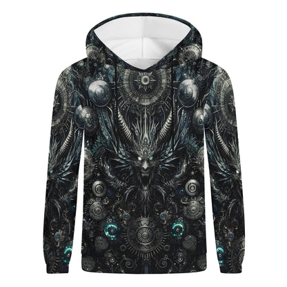 Gears of the Abyss Cotton Terry Hoodie by Loud and Lethal with dark intricate mechanical and demonic design