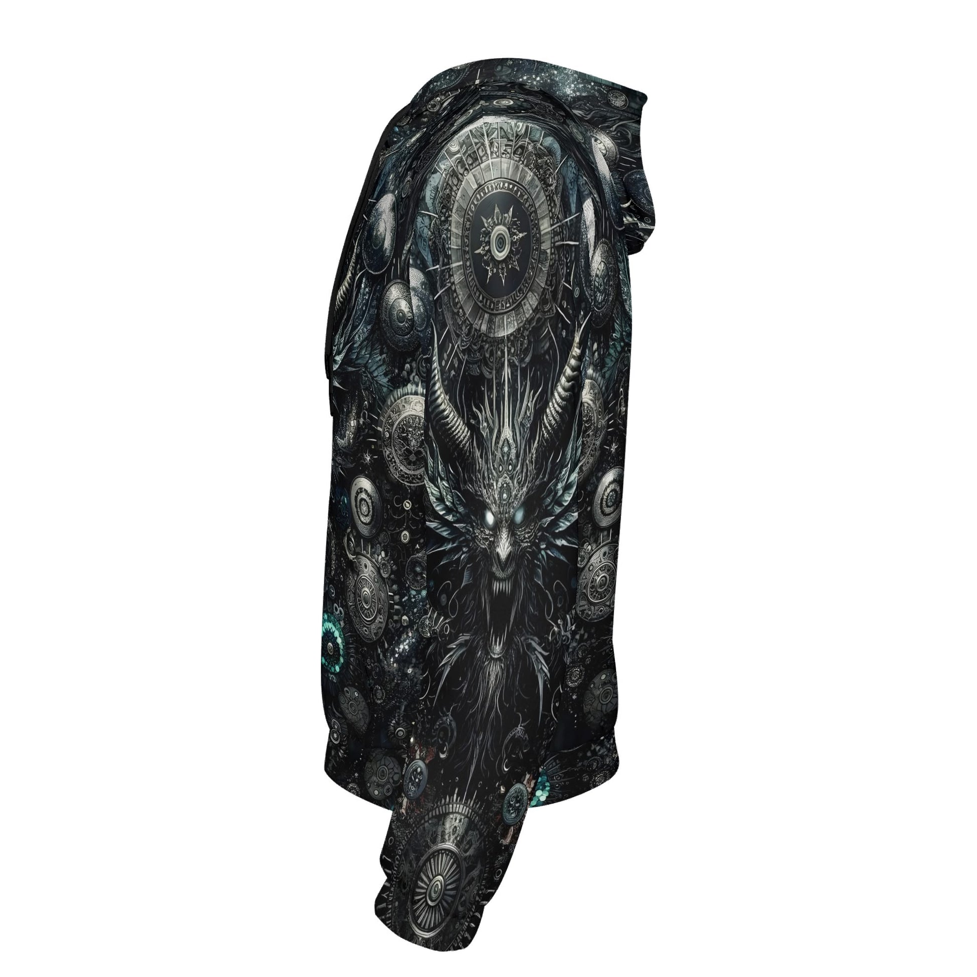 Side view of Loud and Lethal Gears of the Abyss Cotton Terry Hoodie with dark intricate mechanical and abyss-themed design