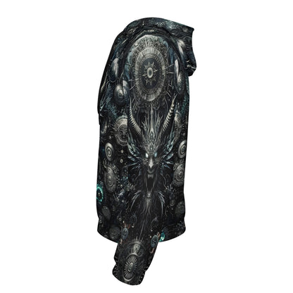 Side view of Loud and Lethal Gears of the Abyss Cotton Terry Hoodie with dark intricate mechanical and abyss-themed design