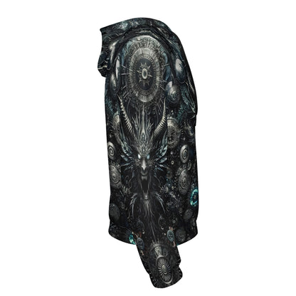 Side view of Loud and Lethal Gears of the Abyss Cotton Terry Hoodie with dark mystical mechanical design