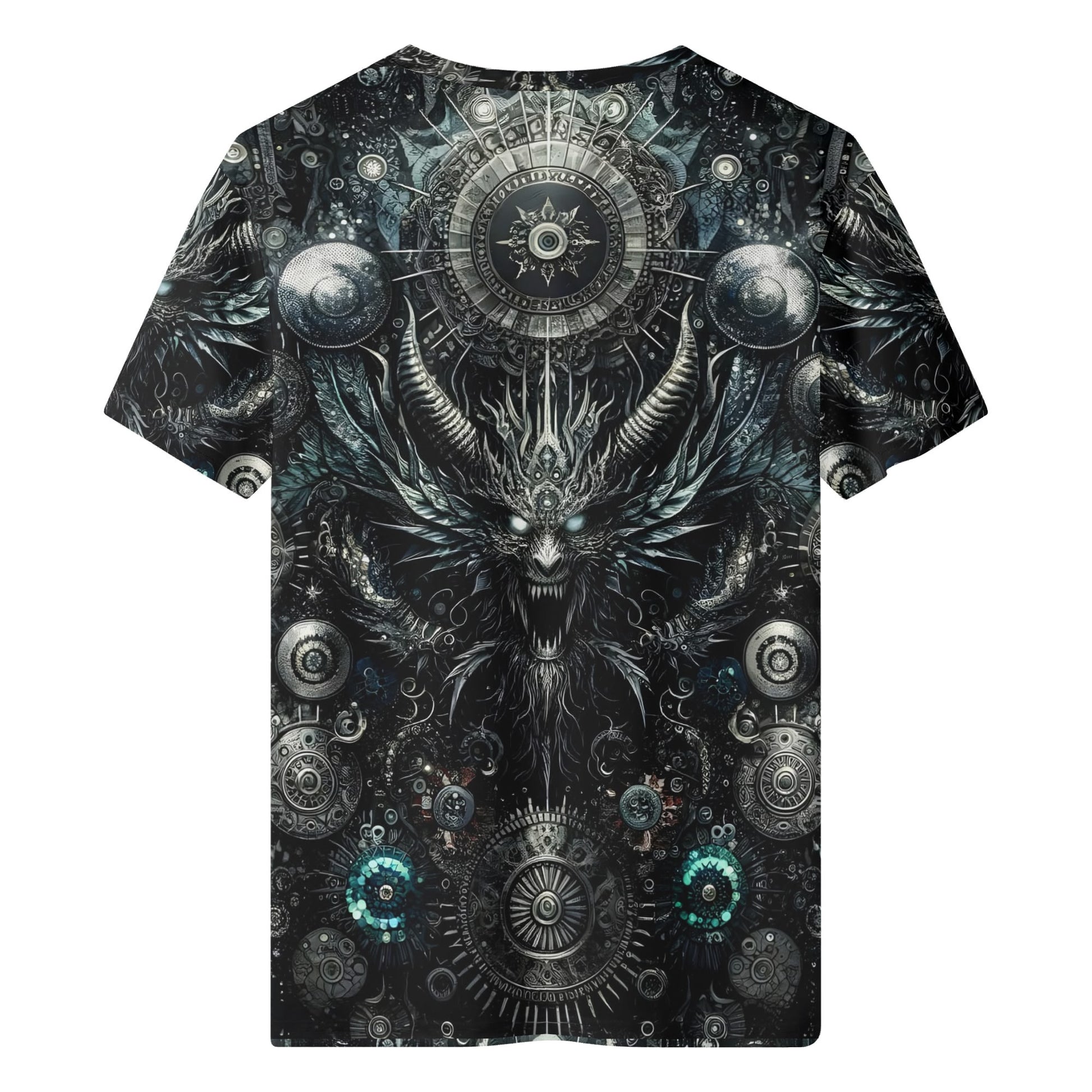 Back view of Loud and Lethal Gears of the Abyss Lycra T-Shirt featuring dark intricate mechanical and mythical creature design