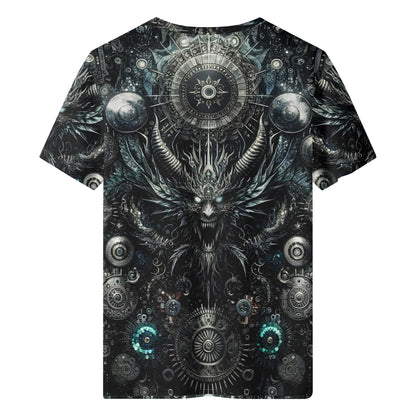 Back view of Loud and Lethal Gears of the Abyss Lycra T-Shirt featuring dark intricate mechanical and mythical creature design