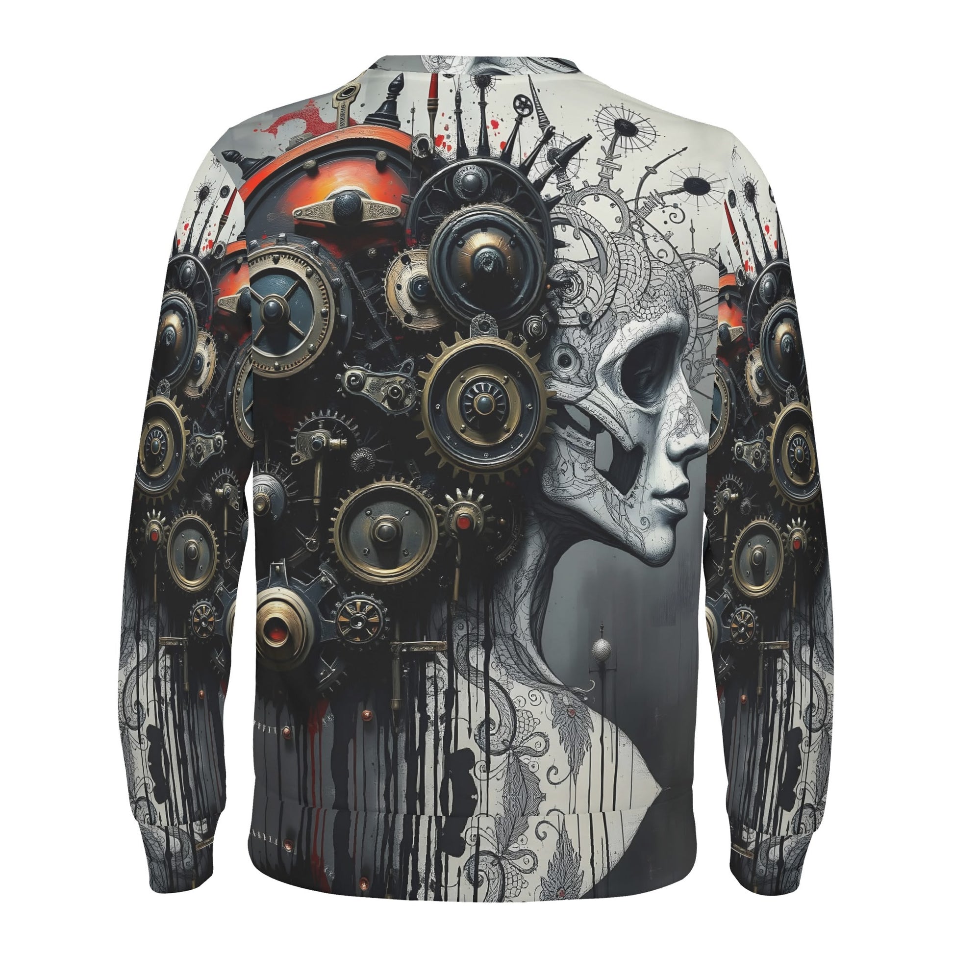 Loud and Lethal Mech and Flesh Poly French Terry Sweatshirt unisex back showing steampunk gears merging with a skull faced woman