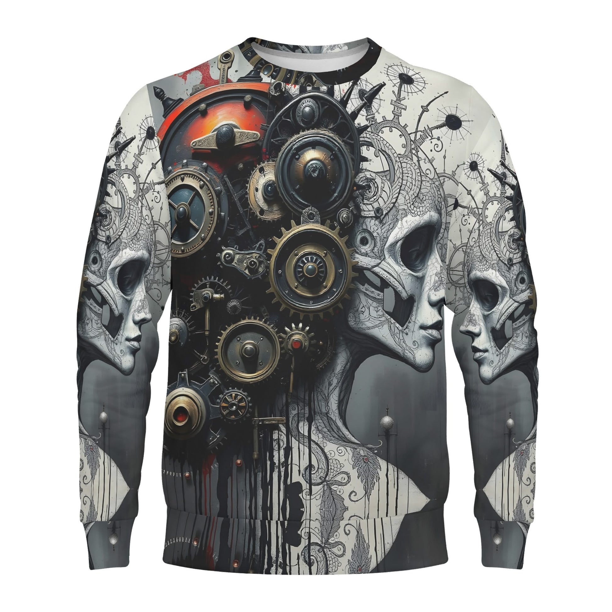 Loud and Lethal Mech and Flesh Poly French Terry Sweatshirt unisex with steampunk gears and skull faces all over print