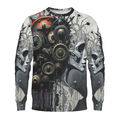 Loud and Lethal Mech and Flesh Poly French Terry Sweatshirt unisex with steampunk gears and skull faces all over print