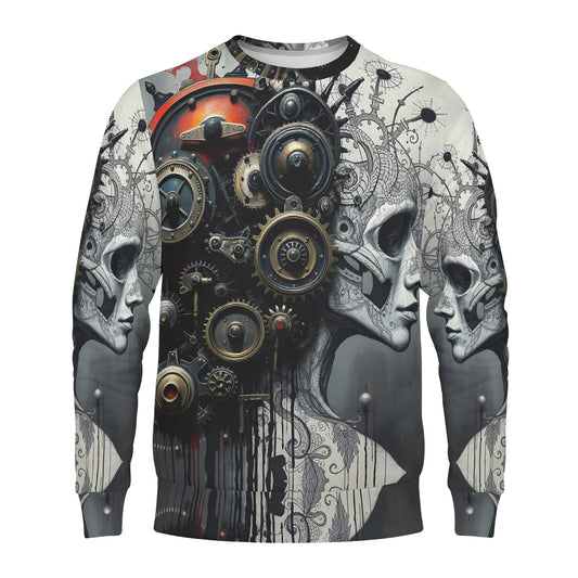Loud and Lethal Mech and Flesh Poly French Terry Sweatshirt unisex with steampunk gears and skull faces all over print