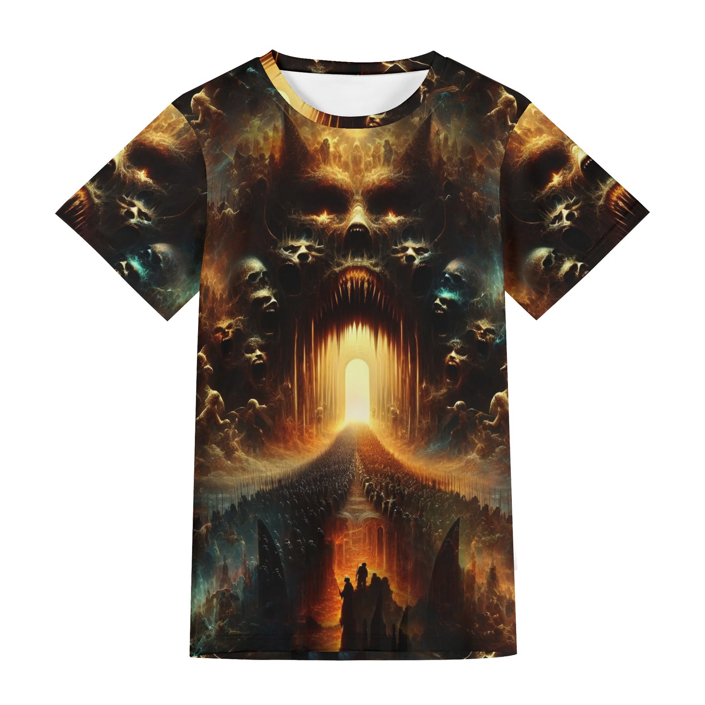 Ghost Division 100 Cotton T-Shirt by Loud and Lethal featuring dark fantasy skull and fiery gateway design