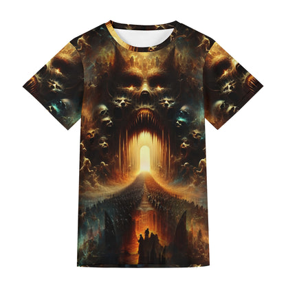 Ghost Division 100 Cotton T-Shirt by Loud and Lethal featuring dark fantasy skull and fiery gateway design