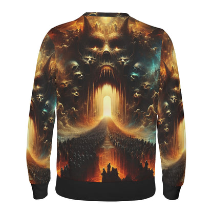 Loud and Lethal unisex sweater with fiery skull gate and marching crowd allover print Ghost Division Poly French Terry Sweatshirt