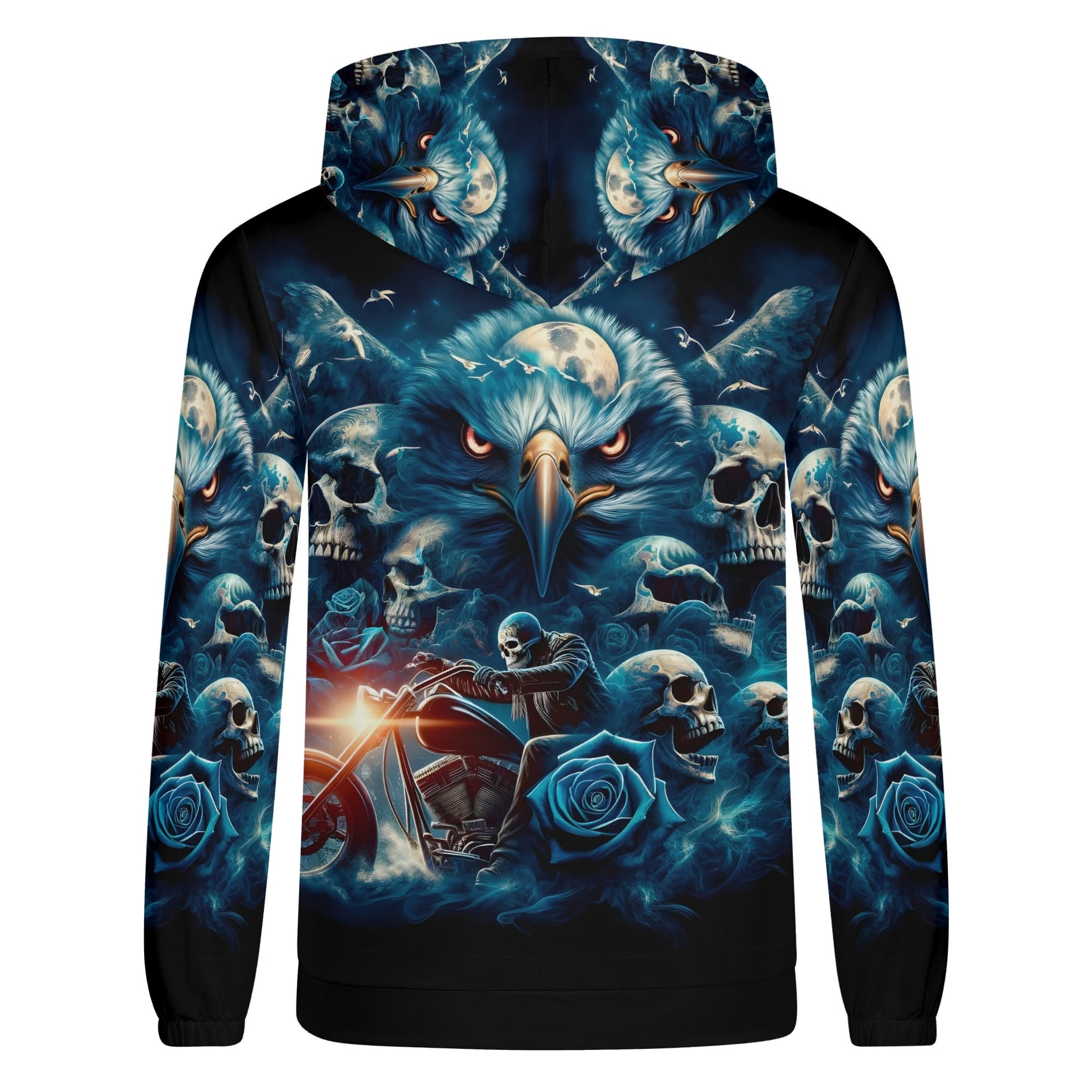 Unisex Ghost in the Wind Cotton Terry Hoodie with eagle, skulls, roses, and motorcycle graphic design