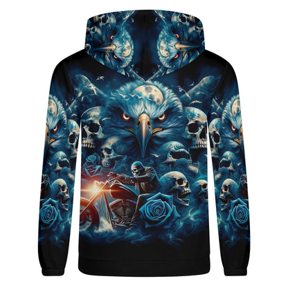 Unisex Ghost in the Wind Cotton Terry Hoodie with eagle, skulls, roses, and motorcycle graphic design