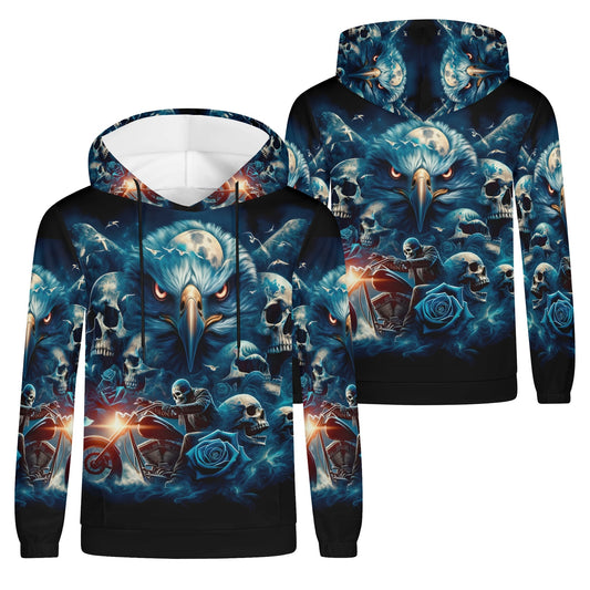 Ghost in the Wind Cotton Terry Hoodie by Loud and Lethal featuring a blue eagle, skulls, motorcycle, and blue roses