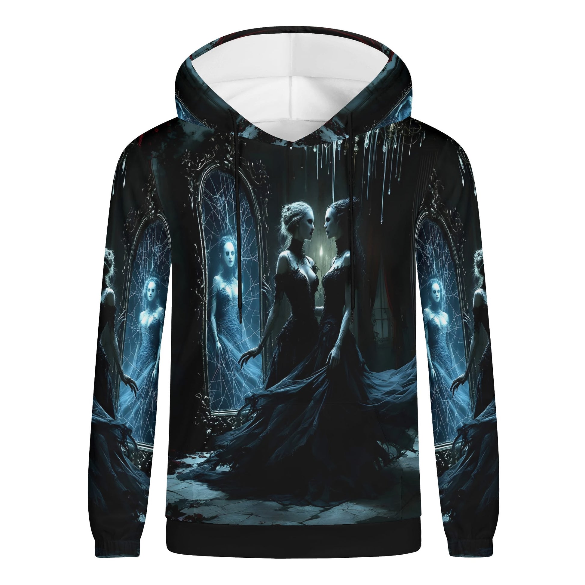 Ghosts in the Glass Cotton Terry hoodie featuring a haunting ghostly woman reflected in cracked mirrors