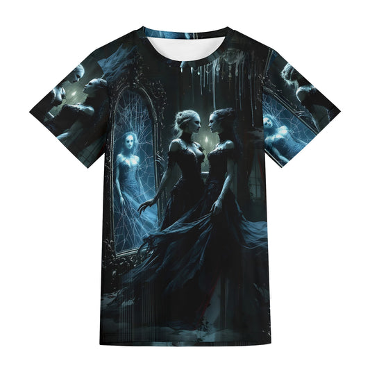 Ghosts in the Glass Organic Cotton T-Shirt featuring a dark eerie design of ghostly women and mirrors