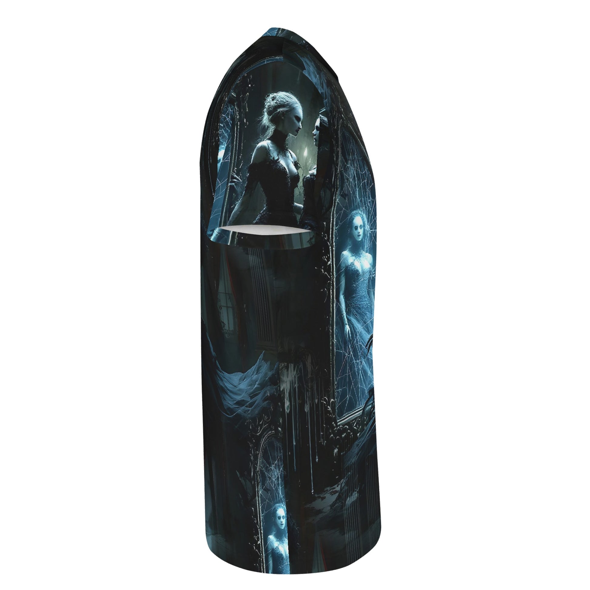 Side view of Loud and Lethal Ghosts in the Glass Organic Cotton T-Shirt with dark haunted mirror design