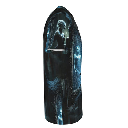 Side view of Loud and Lethal Ghosts in the Glass Organic Cotton T-Shirt with dark haunted mirror design