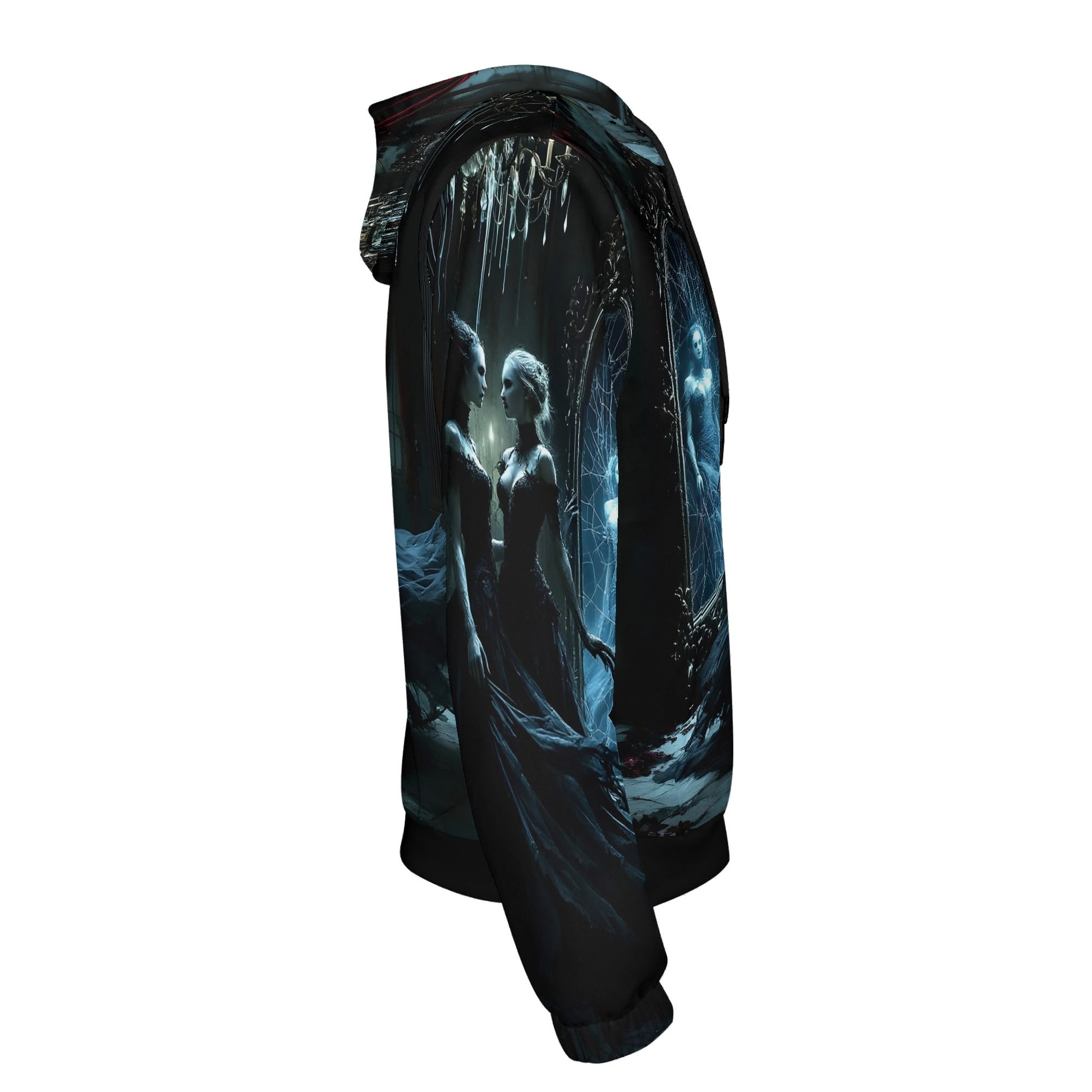 Side view of Loud and Lethal Ghosts in the Glass Poly French Terry hoodie with dark ghostly design