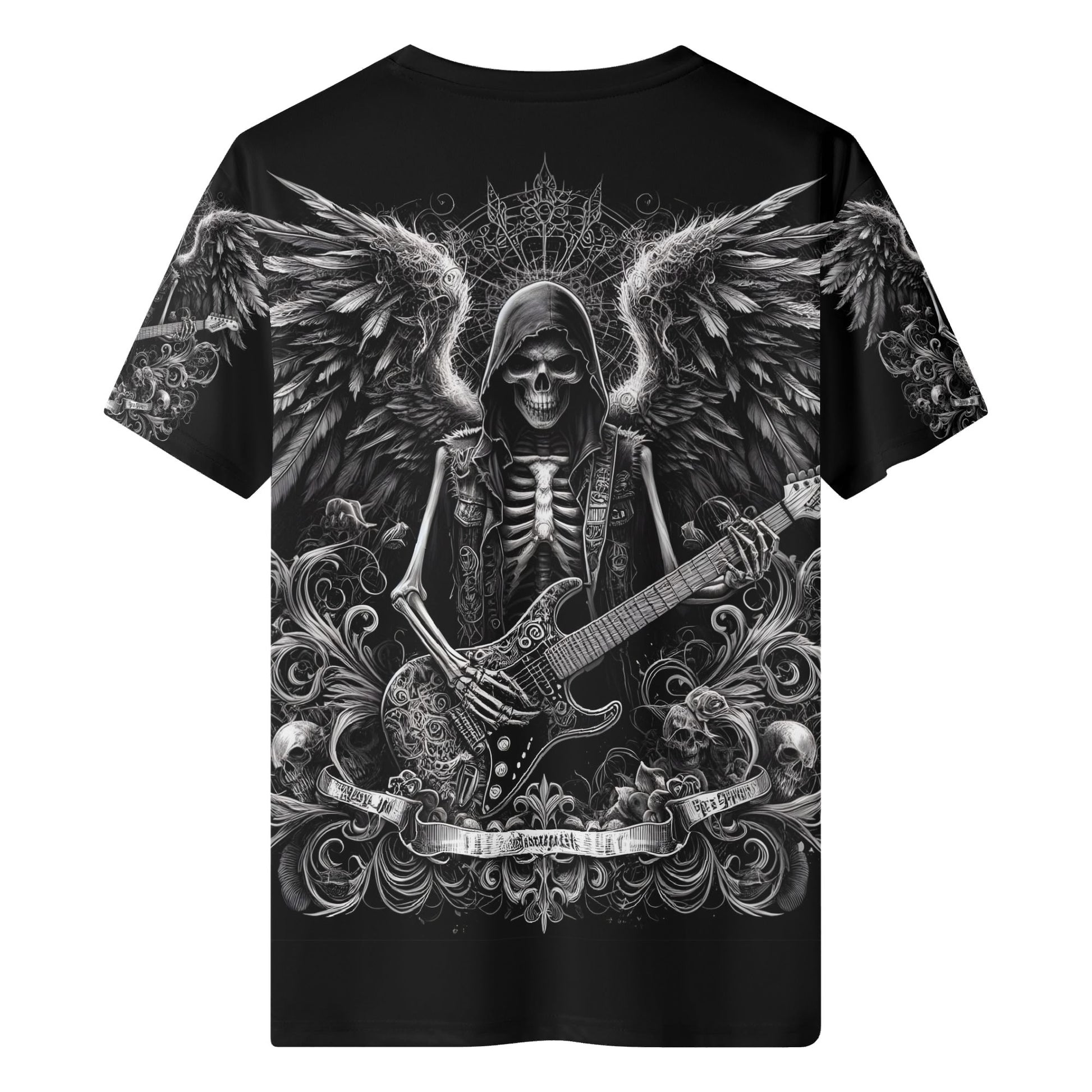 Black Loud and Lethal Ghoulish Guitarist 100 Cotton T-Shirt with skeleton angel graphic playing guitar